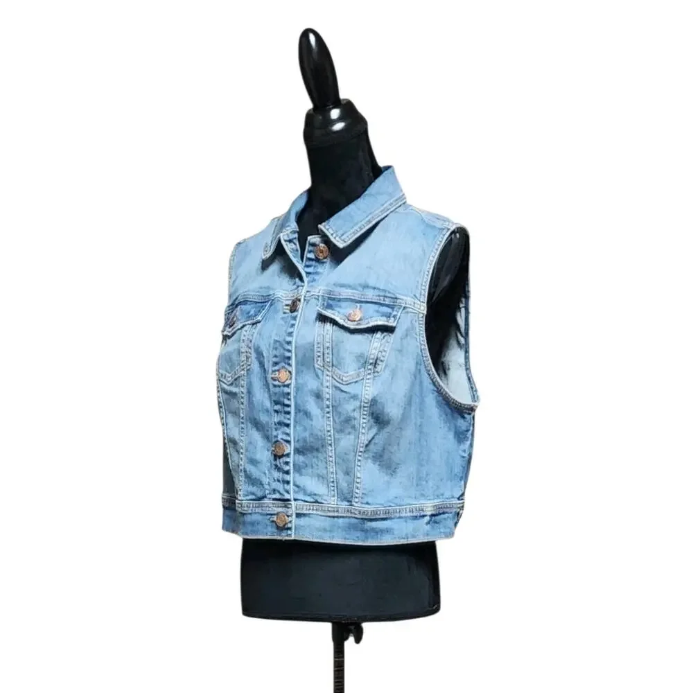 Torrid Women's Plus Size 2X Crop Denim Blue Medium Wash Button Up Collared Vest - Picture 3 of 8